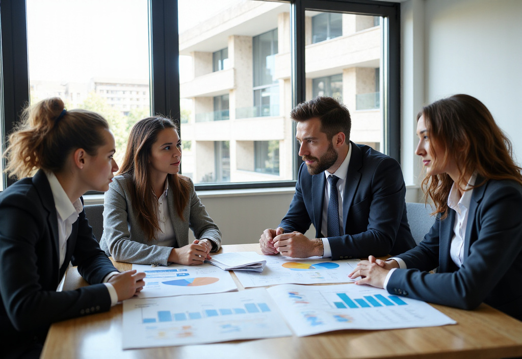 Team of financial experts discussing charts and graphs