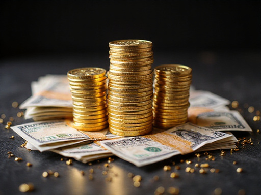 Stack of gold coins and banknotes representing savings